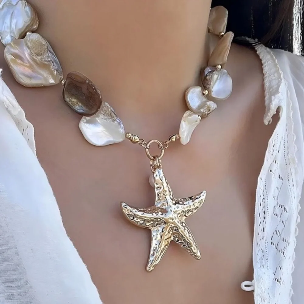 Gold Starfish Pendant Pearl Necklace - Iridescent Shell Beads new